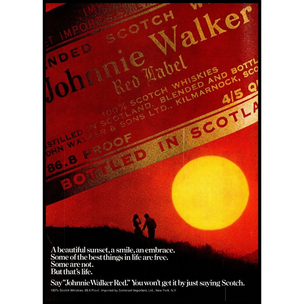 1973 Johnnie Walker Red Label Scotch Vintage Print Ad Couple Field Sunset Photo